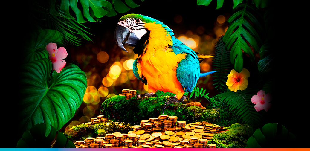 Parrot standing on cold coins