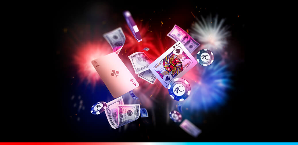 Playing cards, poker chips, and cash floating on a dark background with red, white, and blue accents