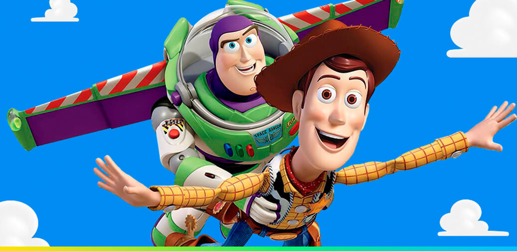 Woody and Buzz flying