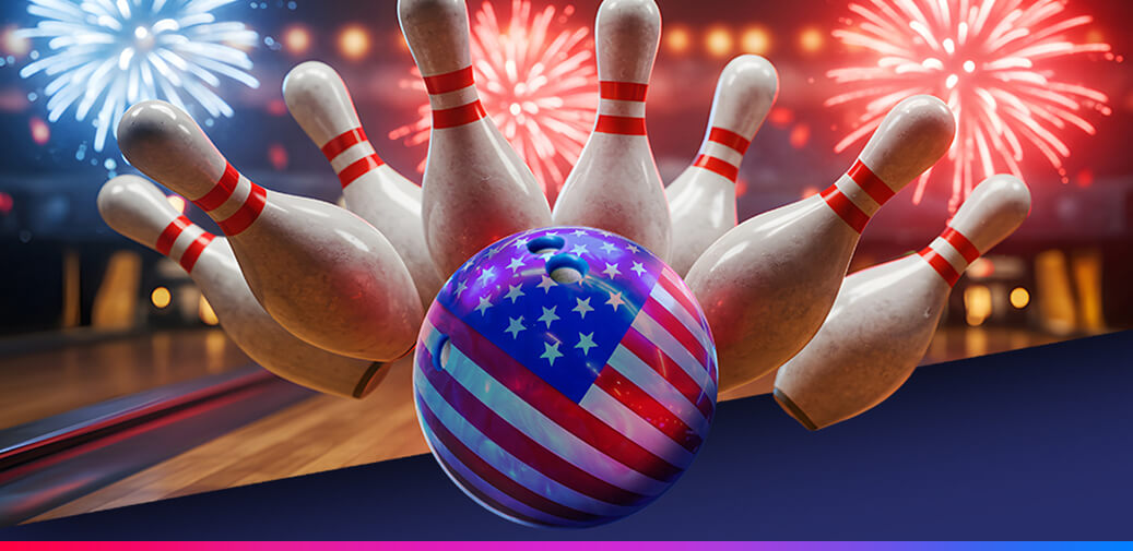 American flag bowling ball with bowling pins and fireworks.