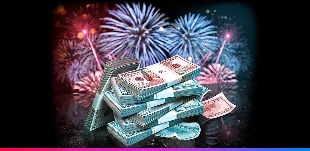 Stacks of money in front of the fireworks