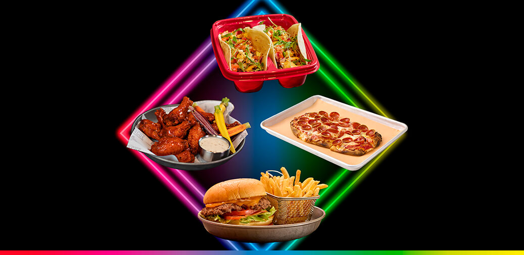 Burger, wings, pizza, tacos, and fries.