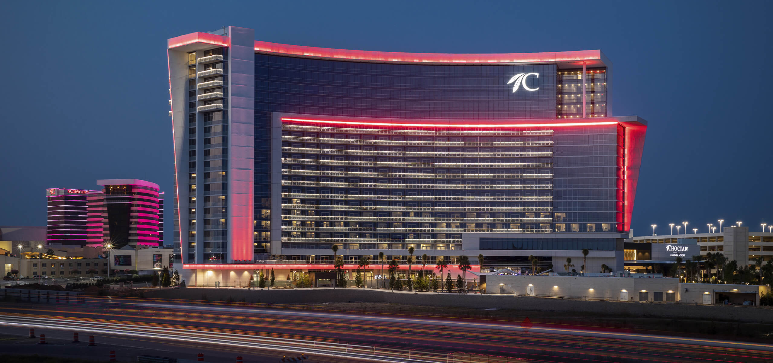 Exterior view of Choctaw Casino & Resort Durant at dusk.