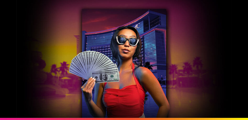 Woman fanning money standing in front of Choctaw Casino & Resort - Durant