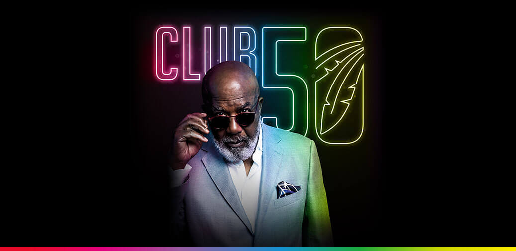 Club 50 promotional graphic featuring a stylish man wearing sunglasses.