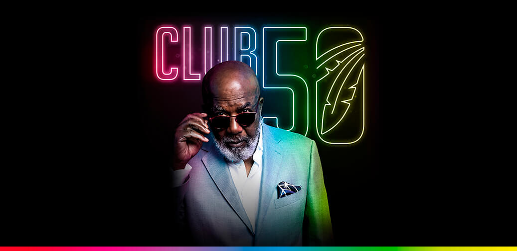 Club 50 promotional graphic featuring a man in sunglasses.