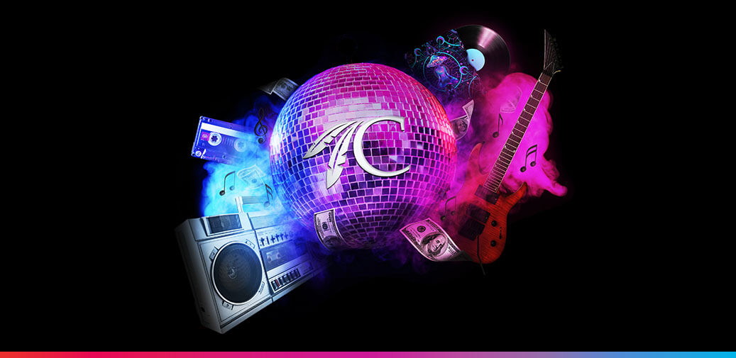 Disco ball with retro music items on a dark background.