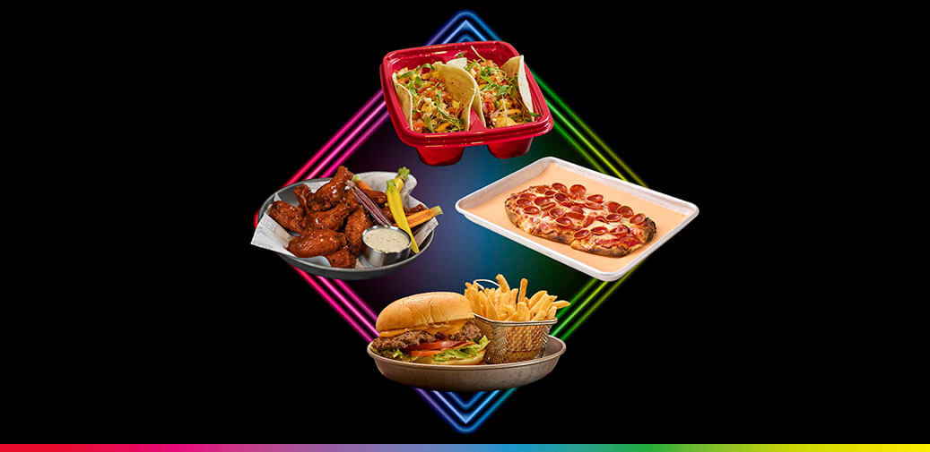 Graphic of assorted menu items including tacos, wings, pizza, and a burger with fries.
