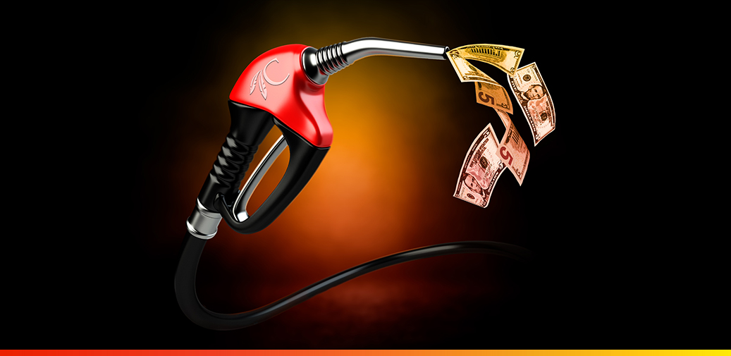 Gas pump nozzle dispensing cash.