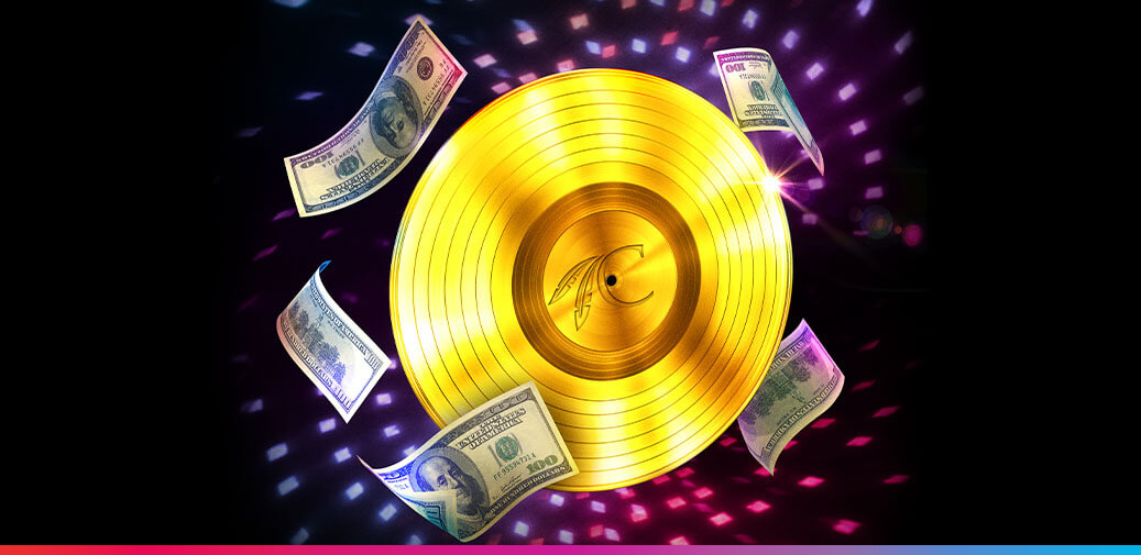 Gold record surrounded by money