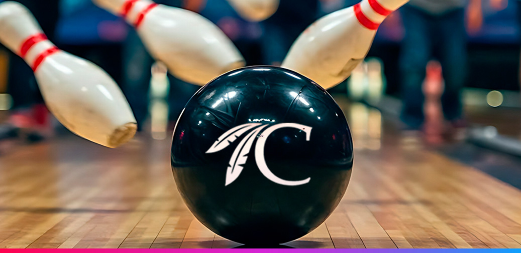 Bowling ball and pins.