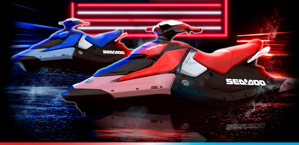 Two Sea-Doo personal watercraft in front of a stylized American flag.