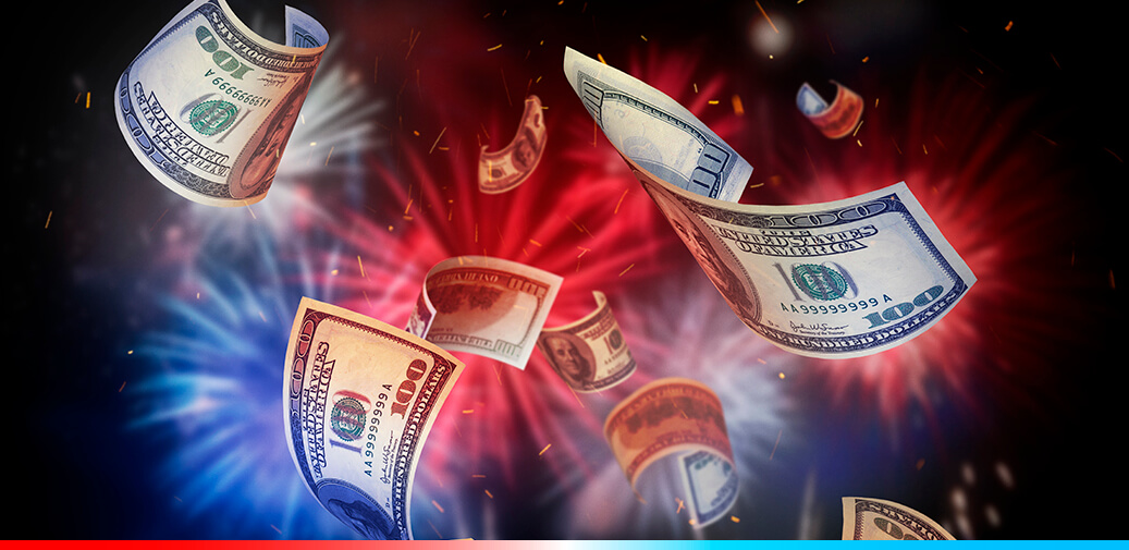 Dollar bills falling with fireworks in the background.