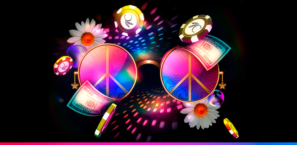 Sunglasses in the shape of a peace signs surrounded by flowers