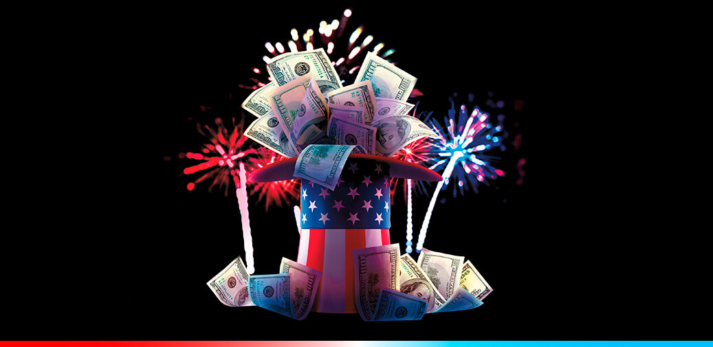 American hat filled with money and sparklers