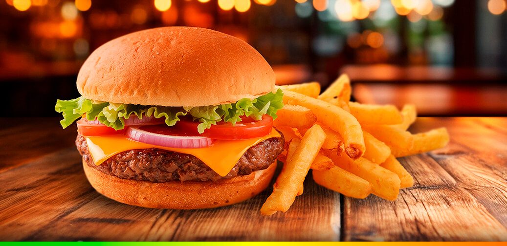 Cheeseburger with lettuce, tomato, onion, and fries.