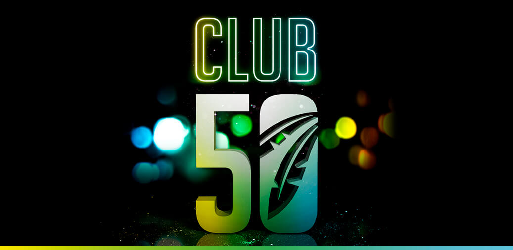 Club 50 logo with a stylized feather against a dark background.