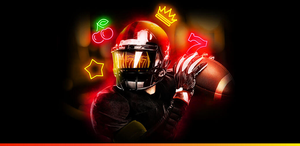 Football player holding a football with glowing casino-themed symbols in the background.