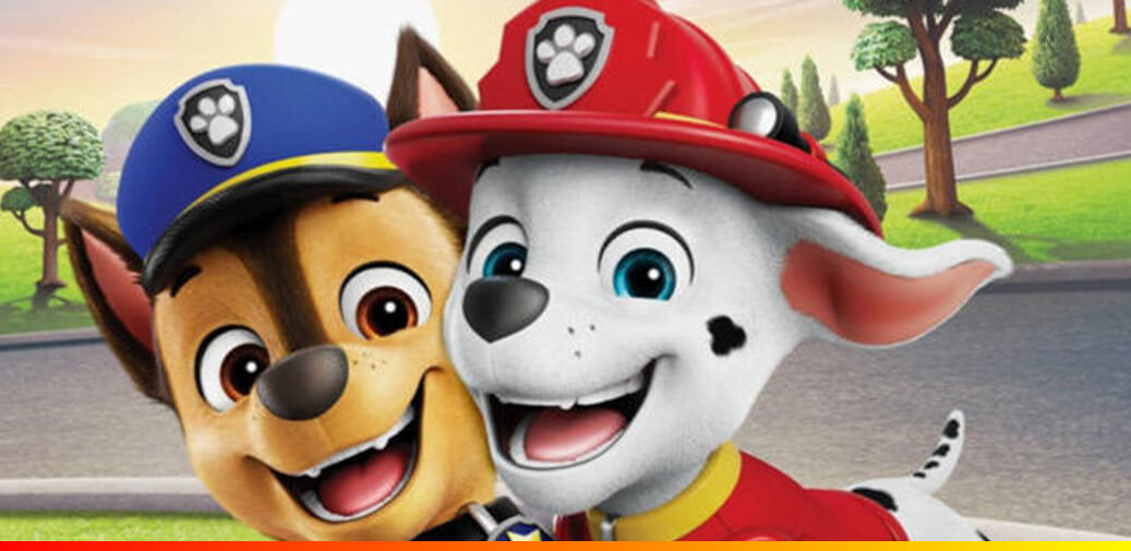 Paw Patrol characters Chase and Marshall smiling with a dark gradient background.