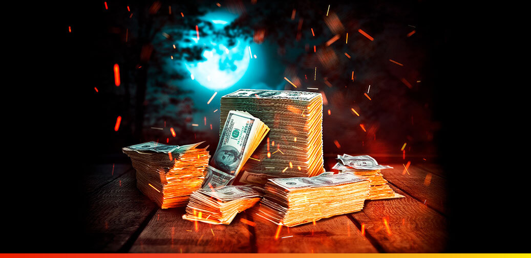 Stacks of money by a fire