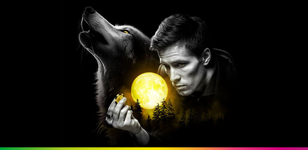 Man with a moon and wolf