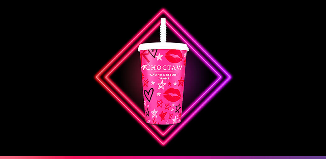 Pink choctaw cup with stars, hearts, and lips