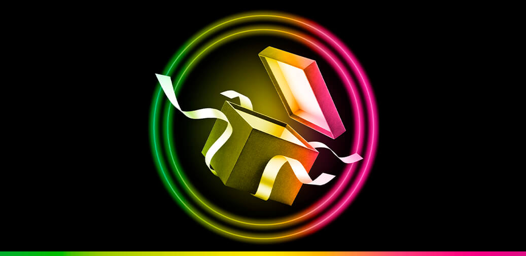 Two stylized open gift boxes with flowing ribbons and glowing circular backgrounds