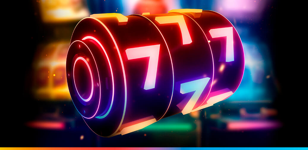 Black slot machine reels displaying three white sevens.