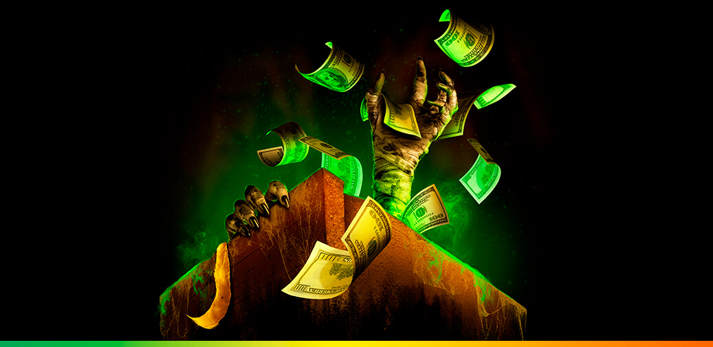Money flying around a monster hand